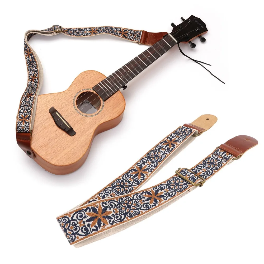 2Sets Premium Embroidery Style Ukulele Strap Colorful Leather+Polyester Crossbody Strap Instrument Strap Music Practice