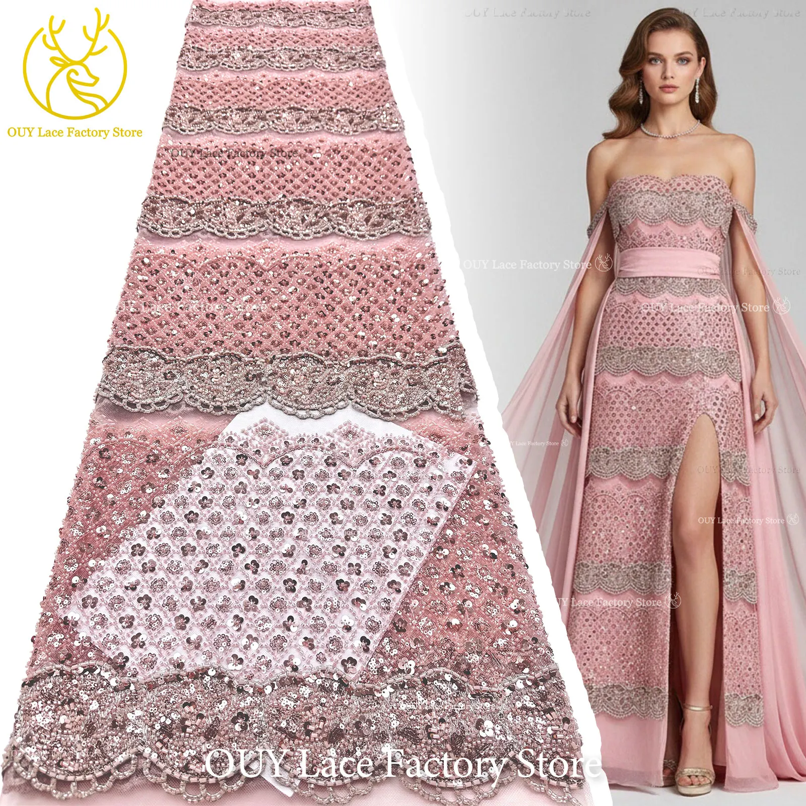 Pink 3D Groom Embroidery Lace Luxury French Sequins Lace Fabric 2026 African Nigerian Beaded Lace Fabric Wedding Dress Sewing
