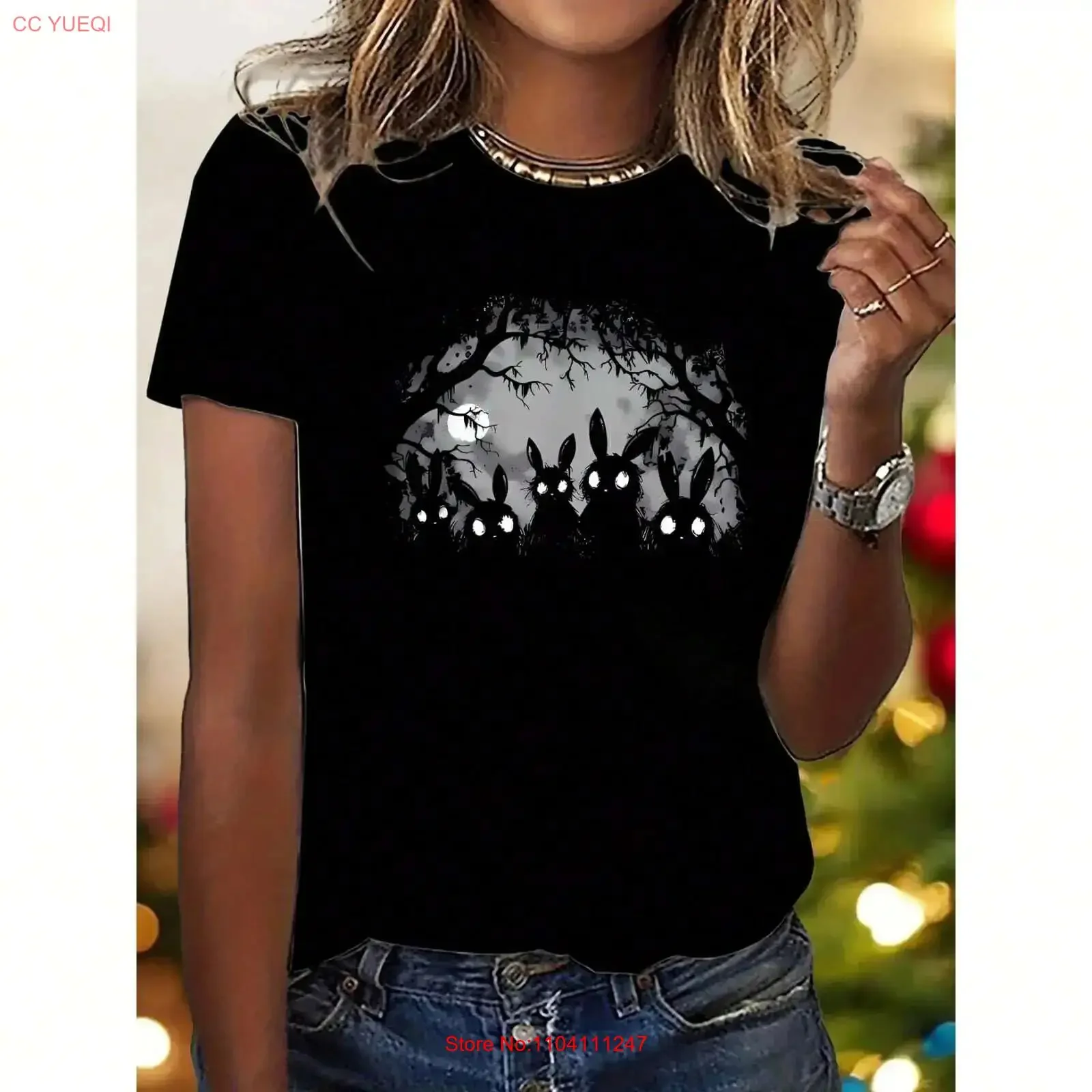 Gothic Style Rabbit Print T shirt Retro Casual Women's Round Neck d vintage Washed Stretched fashion Unisex Stylish