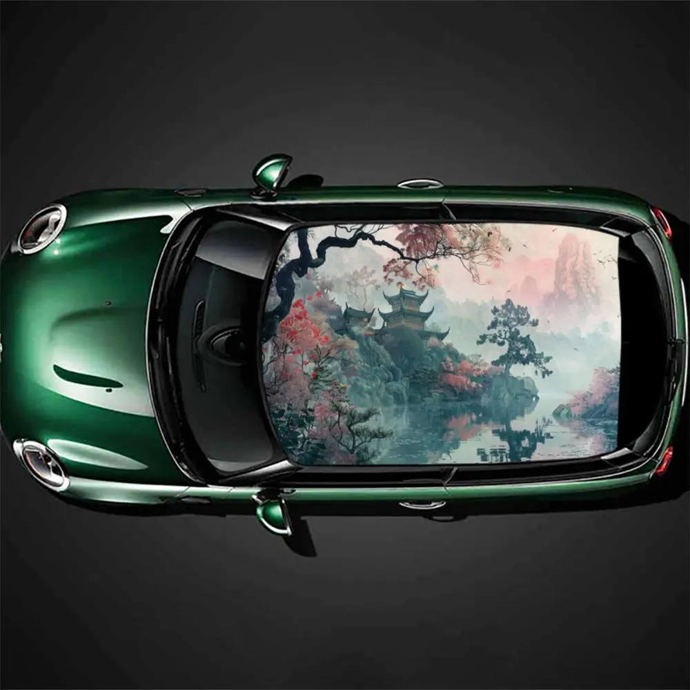 

Ink Chinese Style Plum Blossom Car Roof Sticker Wrap Racing SUV Auto Accessories Packaging PVC Car Hood Graphic Decal Decoration