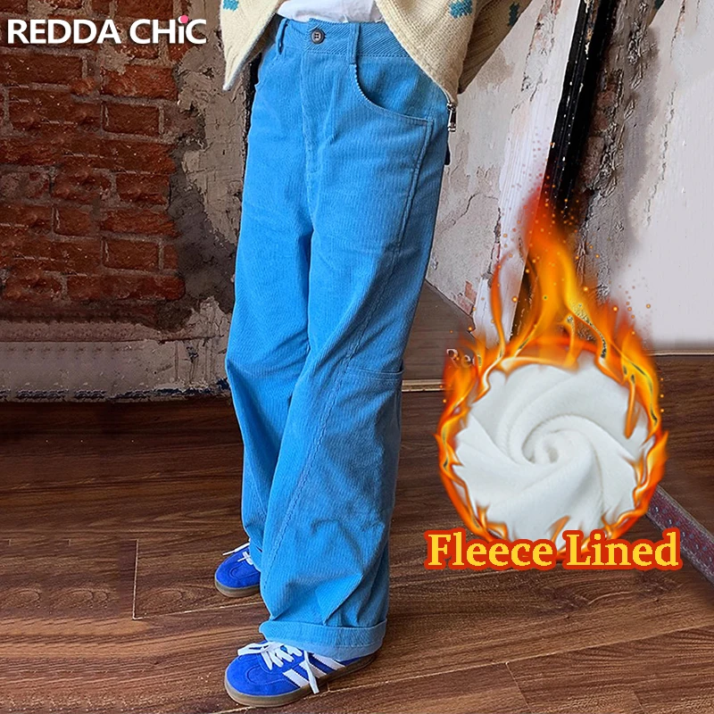 REDDACHiC Big Size Winter Fleece Lined Cargo Pants Women Baby Blue Corduroy Pockets Casual Wide Leg Long Trousers Retro Clothes