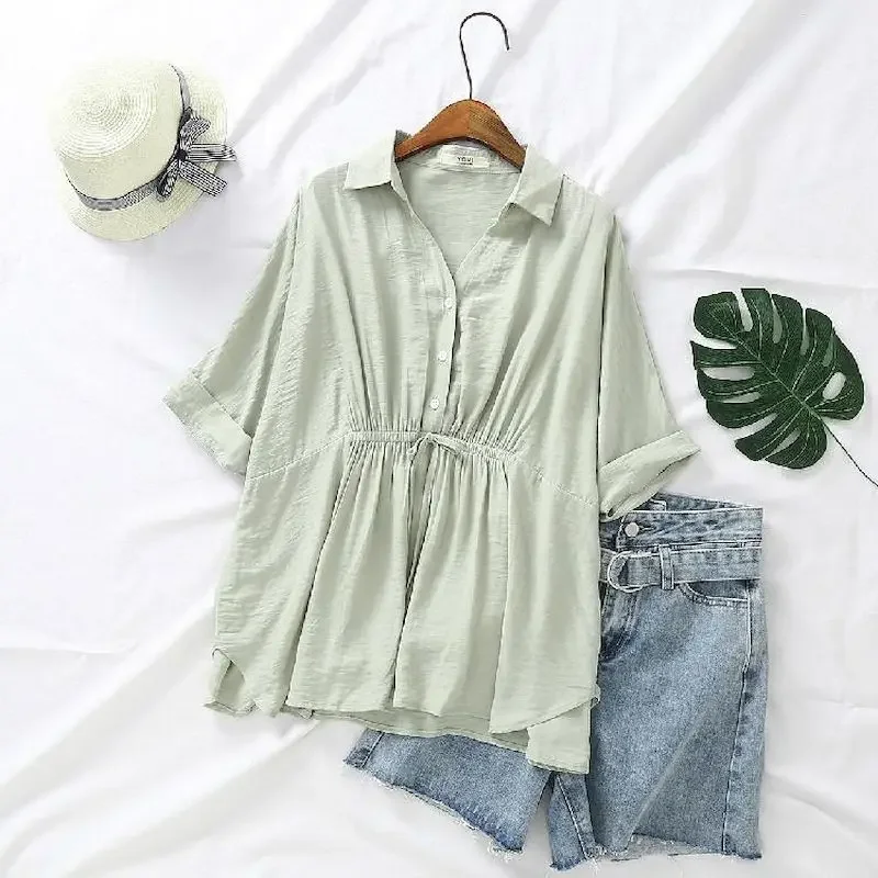 Koreaanse losse blouses damesmode trekkoord v-hals effen kleur korte mouw trui shirt zomer trend slanke dunne drop blouse
