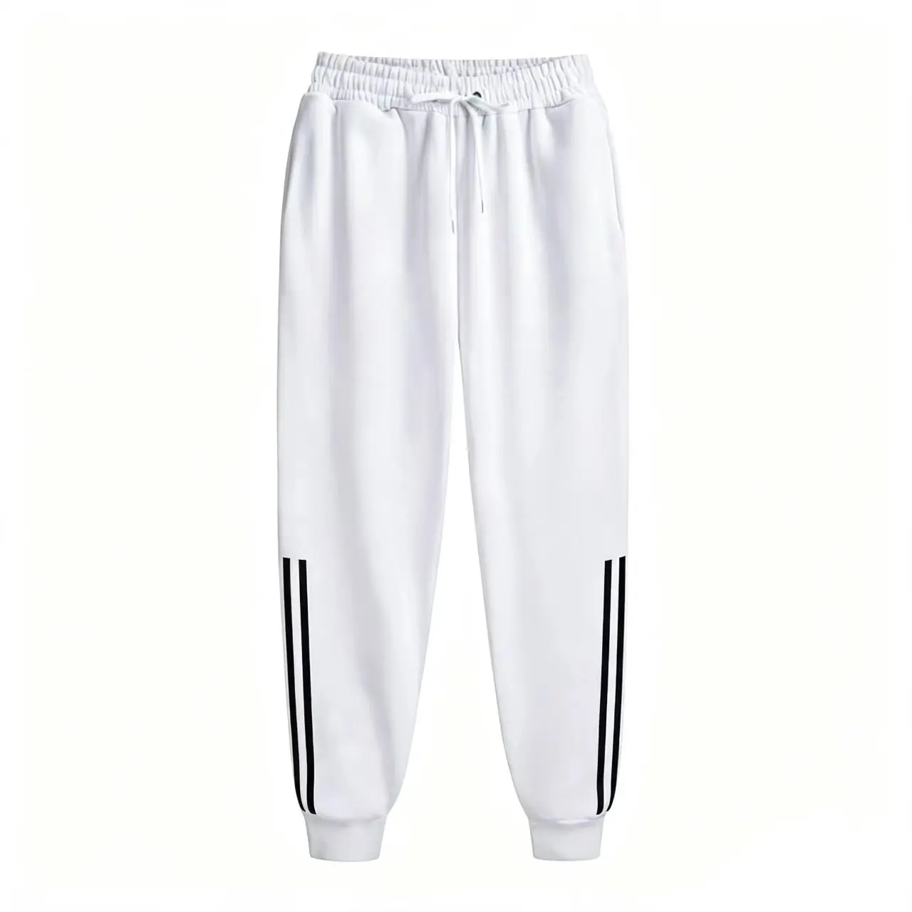 Men Casual Sweatpants White Side Double Stripe Elastic Cuff Drawstring Streetwear Jogger Trousers