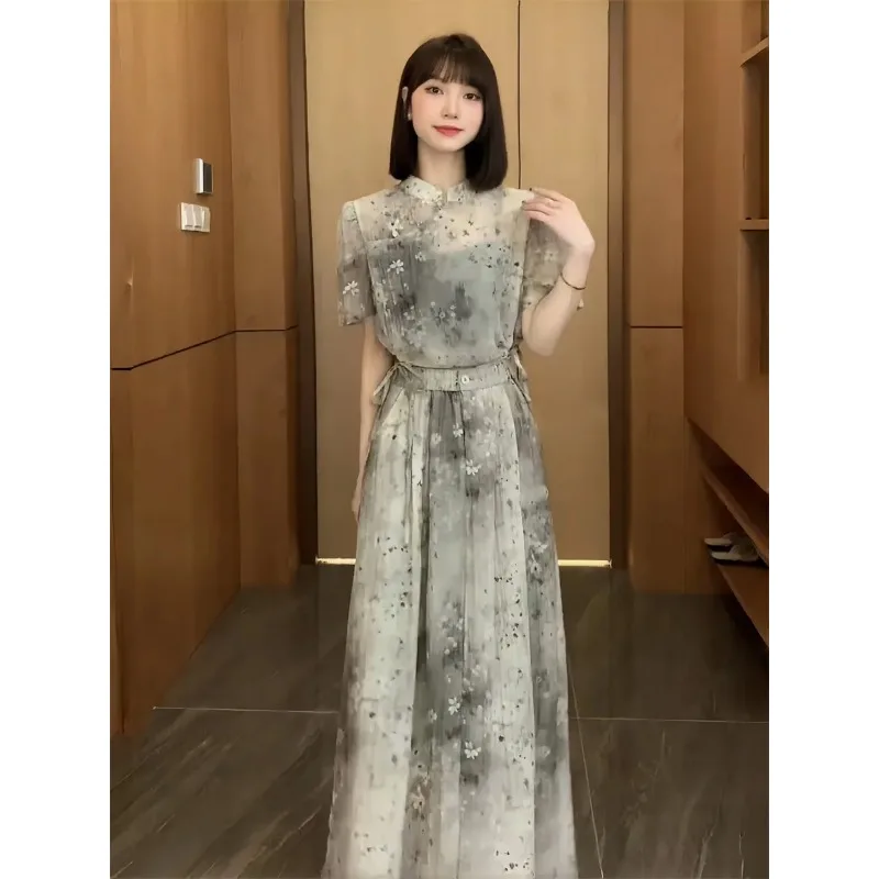 

Women Chinese Style Ink Floral Two Piece Set Summer Stand Collar Blouse High Waist Long Tie Waist Skirt Suit
