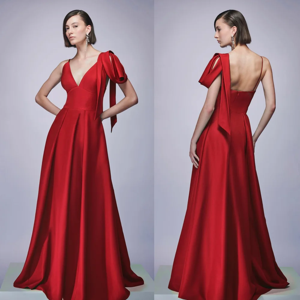 

Customized Satin Ruched A-line V-neck Long Dresses Prom Dresses Formal Casual Simple Retro Fashion Elegant Exquisite Sexy