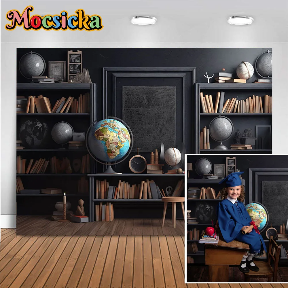 Retro Study Bookcase Decor Interior Background Globe Back to School Photography Backdrop Props Studio Kid Portrait Photocall