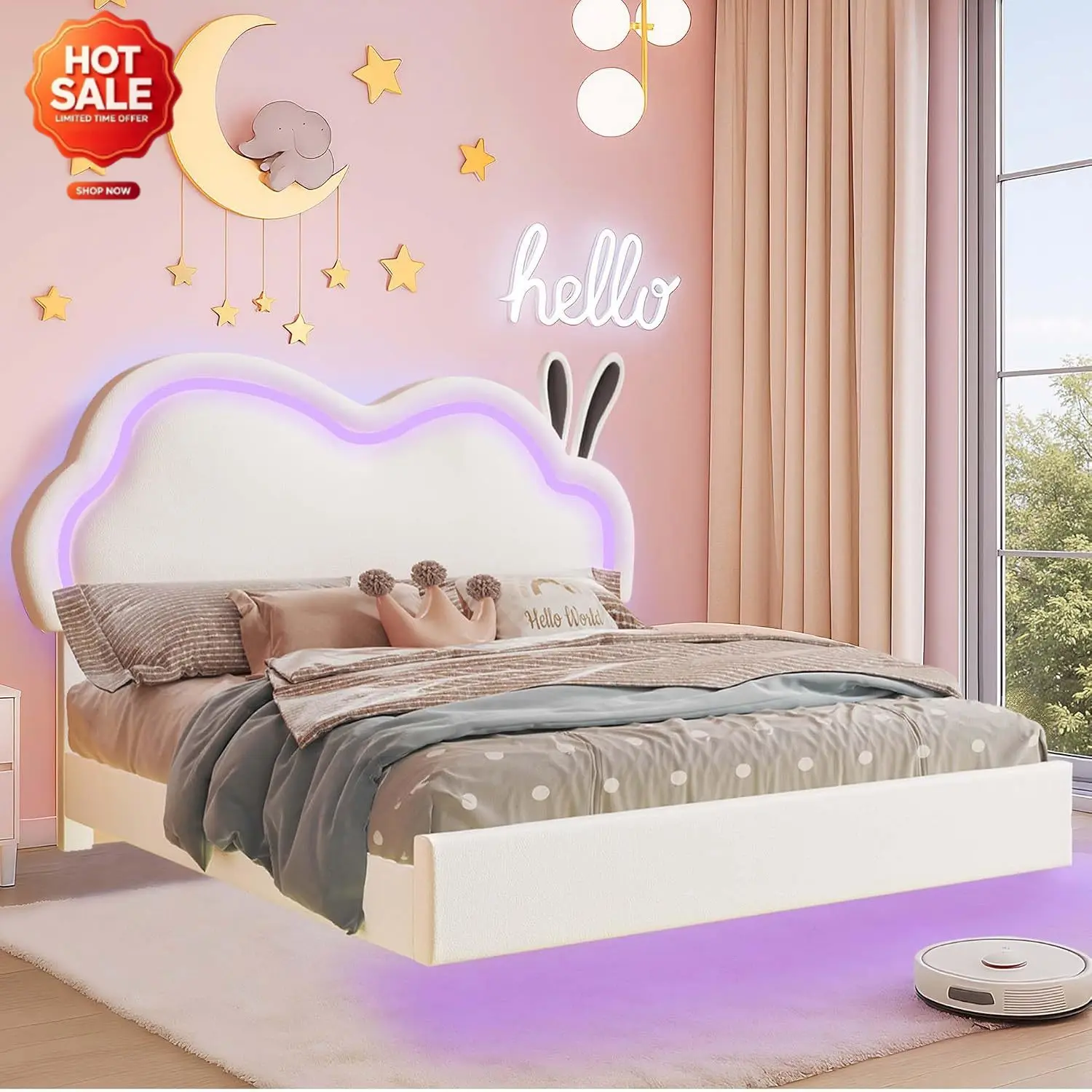 Full Floating Bed Frame with Cloud Headboard for Girls, White | Faux leather upholstered, LED lights, Detachable bunny ears, Adj
