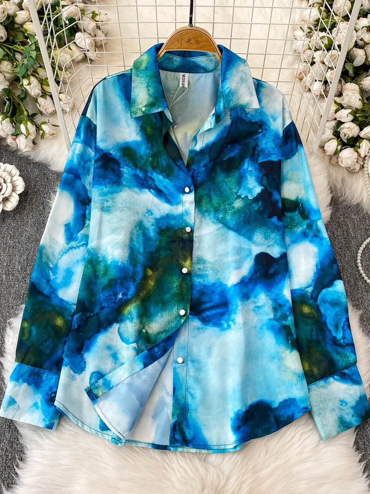

Summer 2025 Women's Long Sve Printed Loose Fit irt Stand Collar Polka Dot Slimming Top Versatile Casual Korean Sle