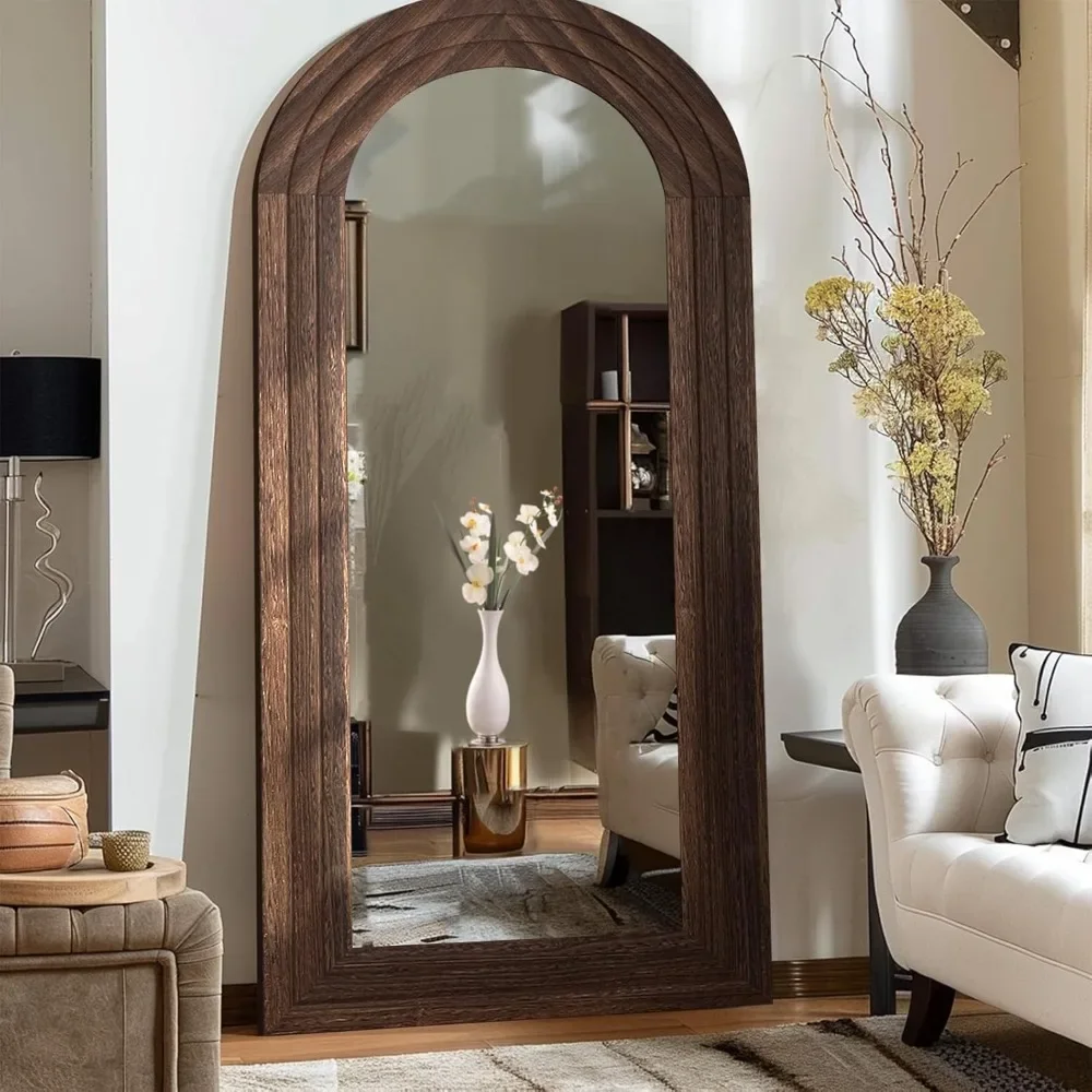 Arched Full Length Mirror With Solid Wood Frame, 71x32 Farmhouse Wall Mounted Floor Mirror With Stand, Vertical Hanging|