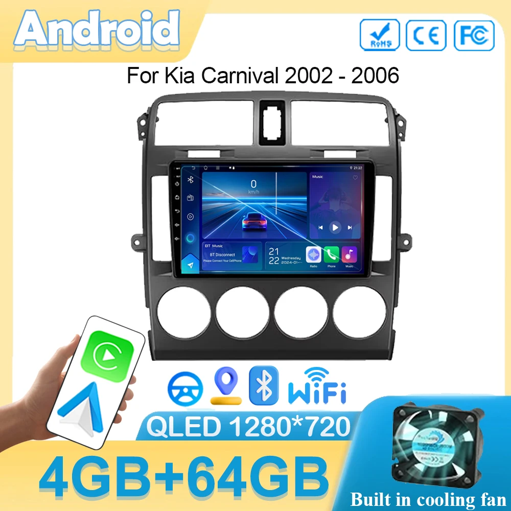 Car Android 14 For Kia Carnival 2002 - 2006 Radio Navigation Head Unit Stereo 5G WIFI Multimedia Wireless Carplay Auto Video DVD