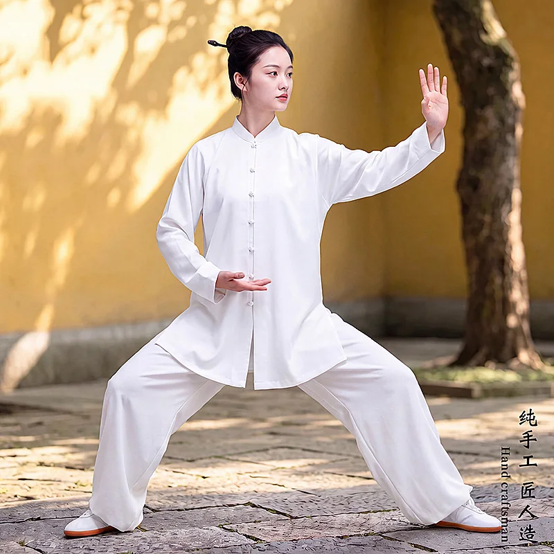 Tai Chi Uniform Spring Autumn New Chinese Style Kung Fu Practice Men Women Team Competition Show Tri Color Linen Frog Button Set