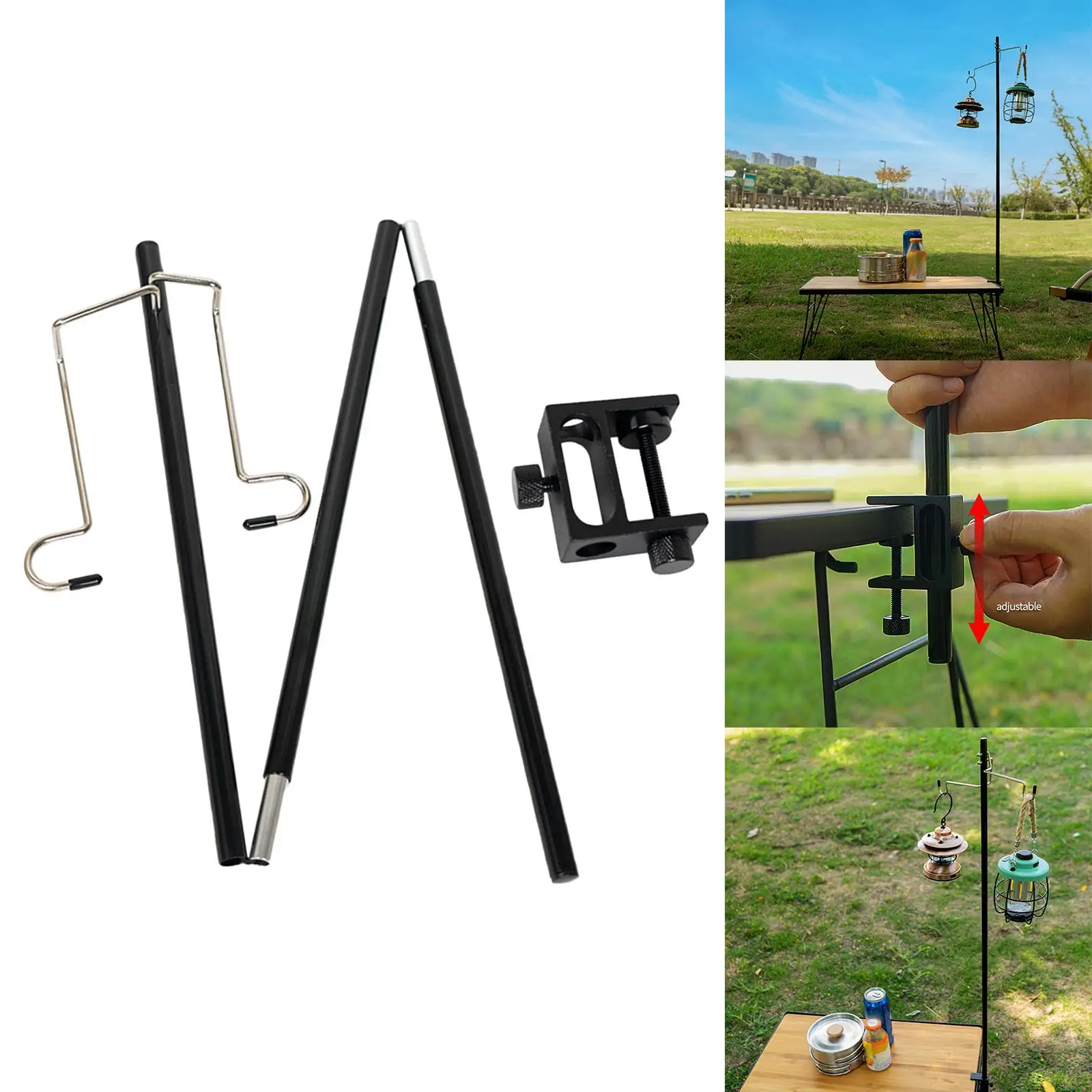 

Lamp Post Pole with Stake 2 Hooks 3 Section Adjustable Supplies Accs Camping Lantern Stand Lamp Bracket for Camping