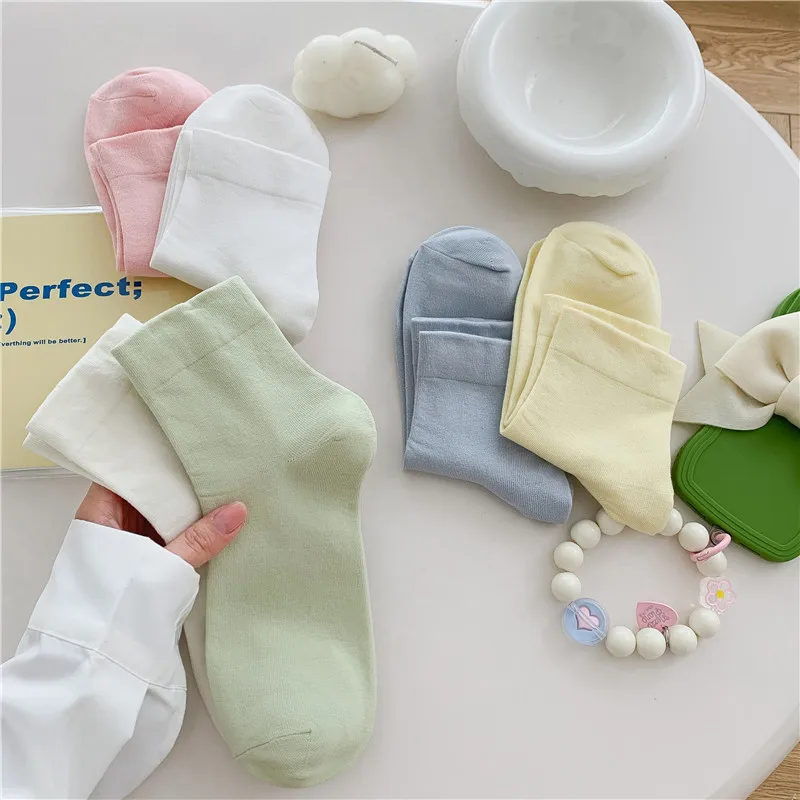 Socks Women Spring and Autumn Ice Cream Color Month Socks Summer Solid Color Breathable Sweat Absorbent Mid-tube Socks