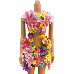 Colorful Flowers Rhinestones Sexy Mesh Dress Wedding Birthday Celebrate Sleeveless Singer Dancer See Through Outfit huaduo