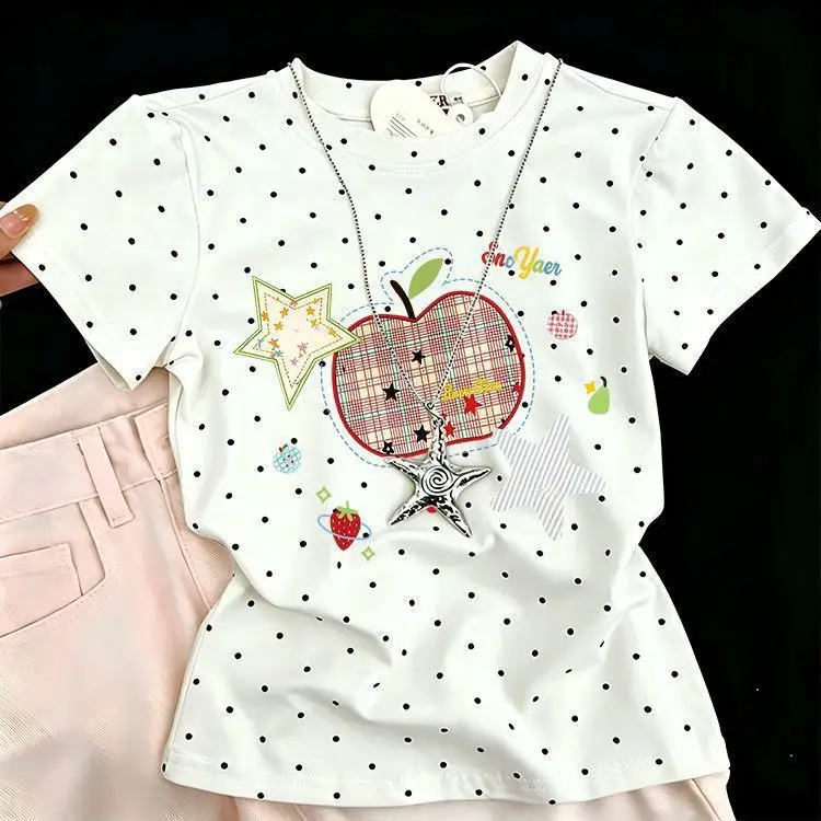 2026 Girls Cute Apple Print Polka Dot Stylish Shoulder Yellow T Shirt Big Kids Summer Versatile Top Trendy