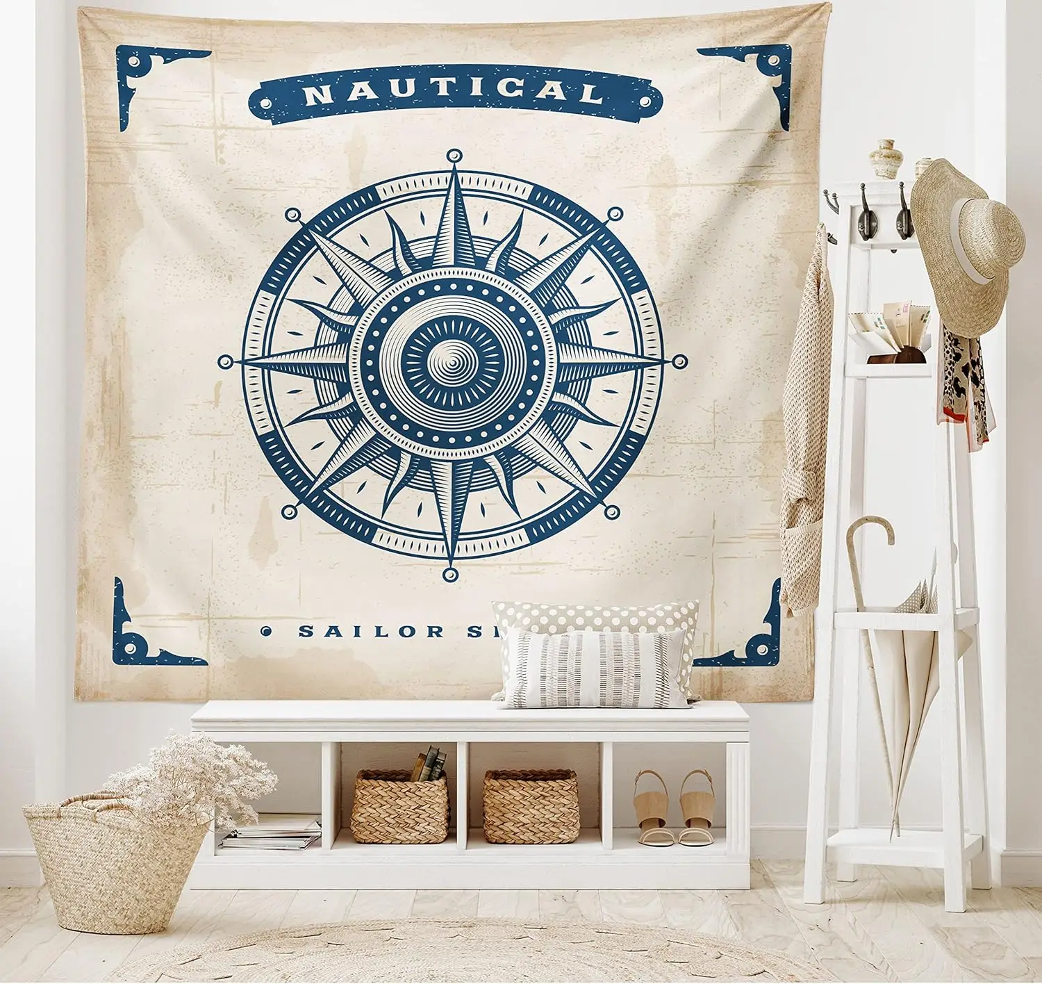 Compass Tapestry, Compass Illustration with Lettering Nautical Ocean Adventure Themed Print,Wide Wall Hanging for Bedroom Living