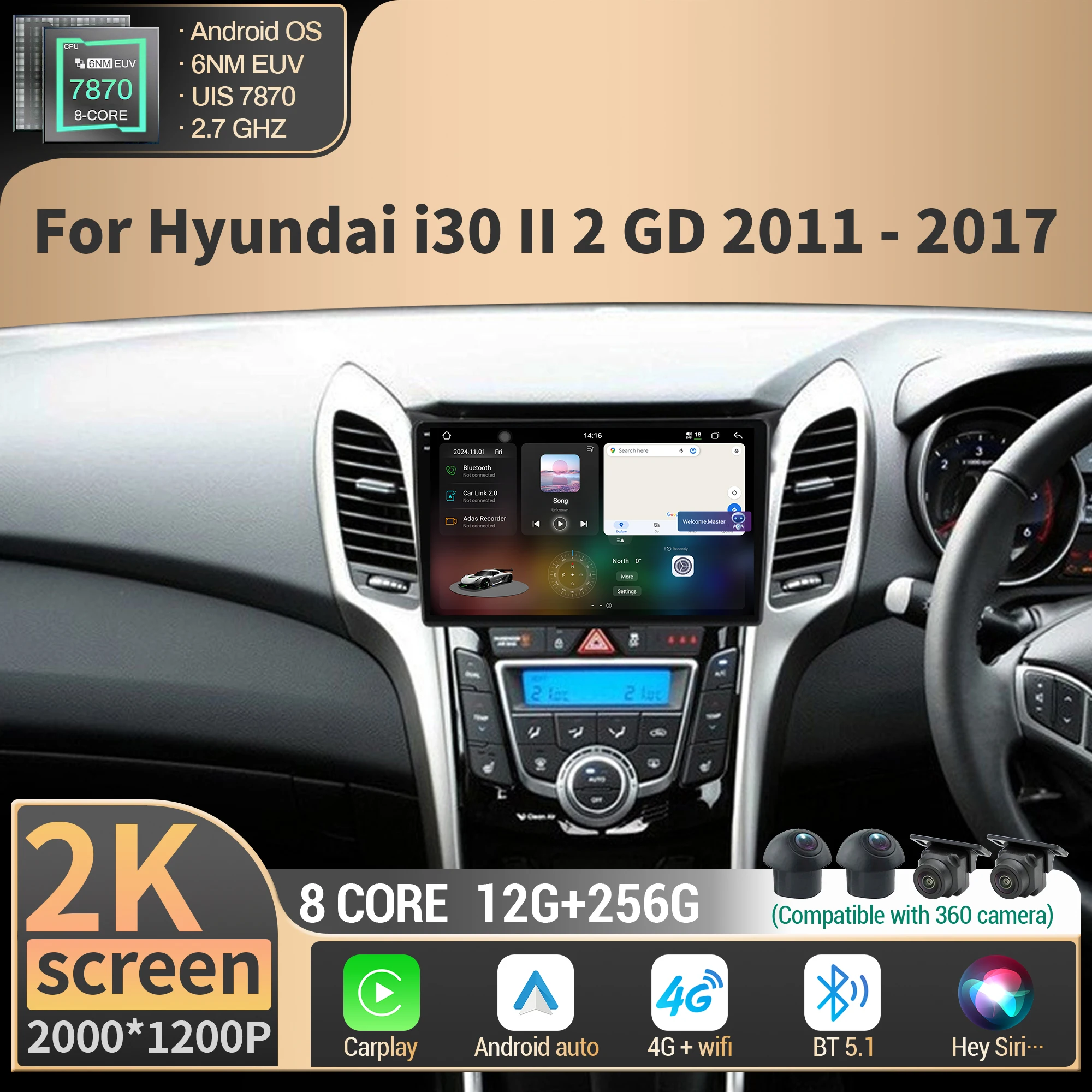 

Android 14 For Hyundai i30 II 2 GD 2011-2017 Car Radio Multimedia Navigation Intelligent Carplay 4G GPS CPU 7870 2K QLED Screen