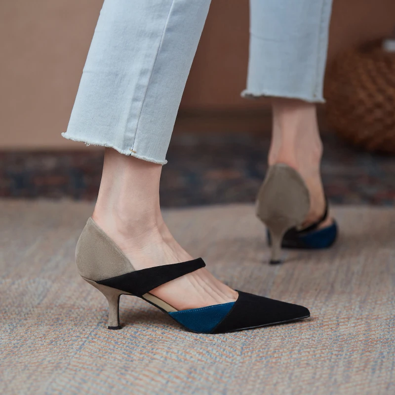 2026new summer women sandals natural leather 22-24.5cm kid suede+pigskin+sheepskin pointed toe mixed color high heel women shoes view 4