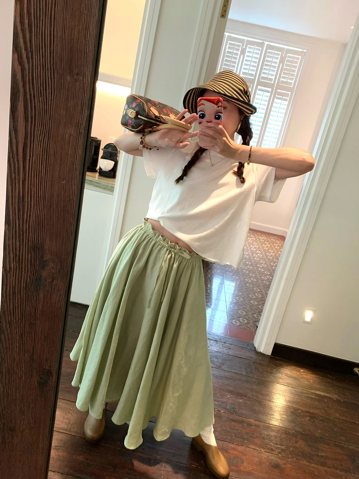 

Any Rabbit Watermelon Colored 00% Linen Elastic Waist Quanti Large Skirt f-length Skirts Ci Commute Women's Faion