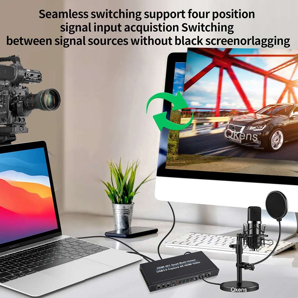 4K 4x1 HDMI Multiviewer with USB 3.0 Video Capture Card Grabber Seamless Switch for Camera Laptop PC Live Streaming 1080p Record