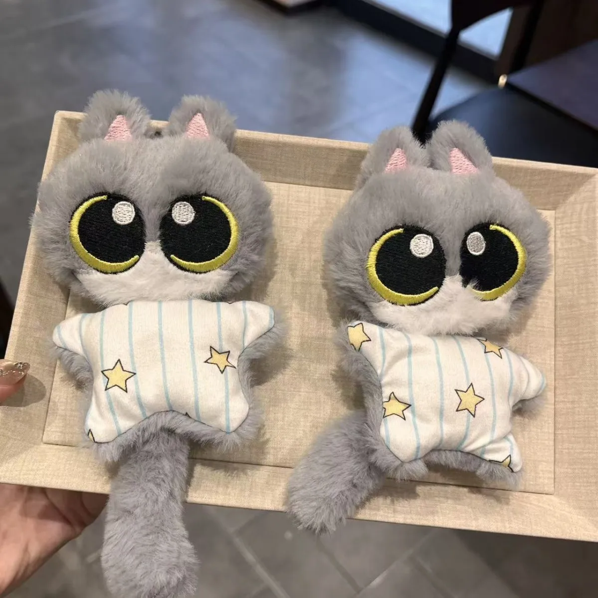 High-value Striped Pajama Kitten Doll Keychain, Soft Cute Grey Big-eyed Star Cat Plush Pendant, Gift for Girls