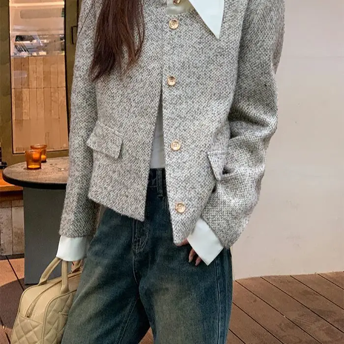 

Tweed Jackets Woman White Short Womens Autumn Retro Embroidery Floral Prints Seamless Korean Style Elegant Office Workplace Lady