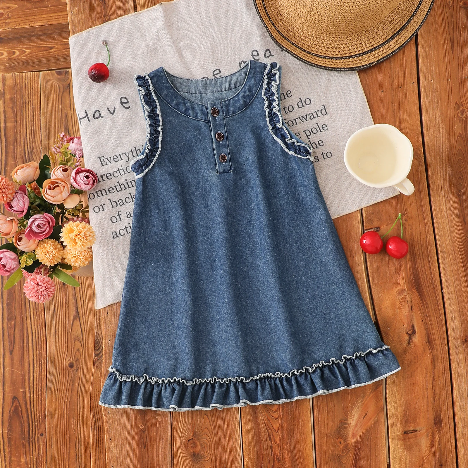 

Summer female infant lace solid color sleeveless denim dress casual
