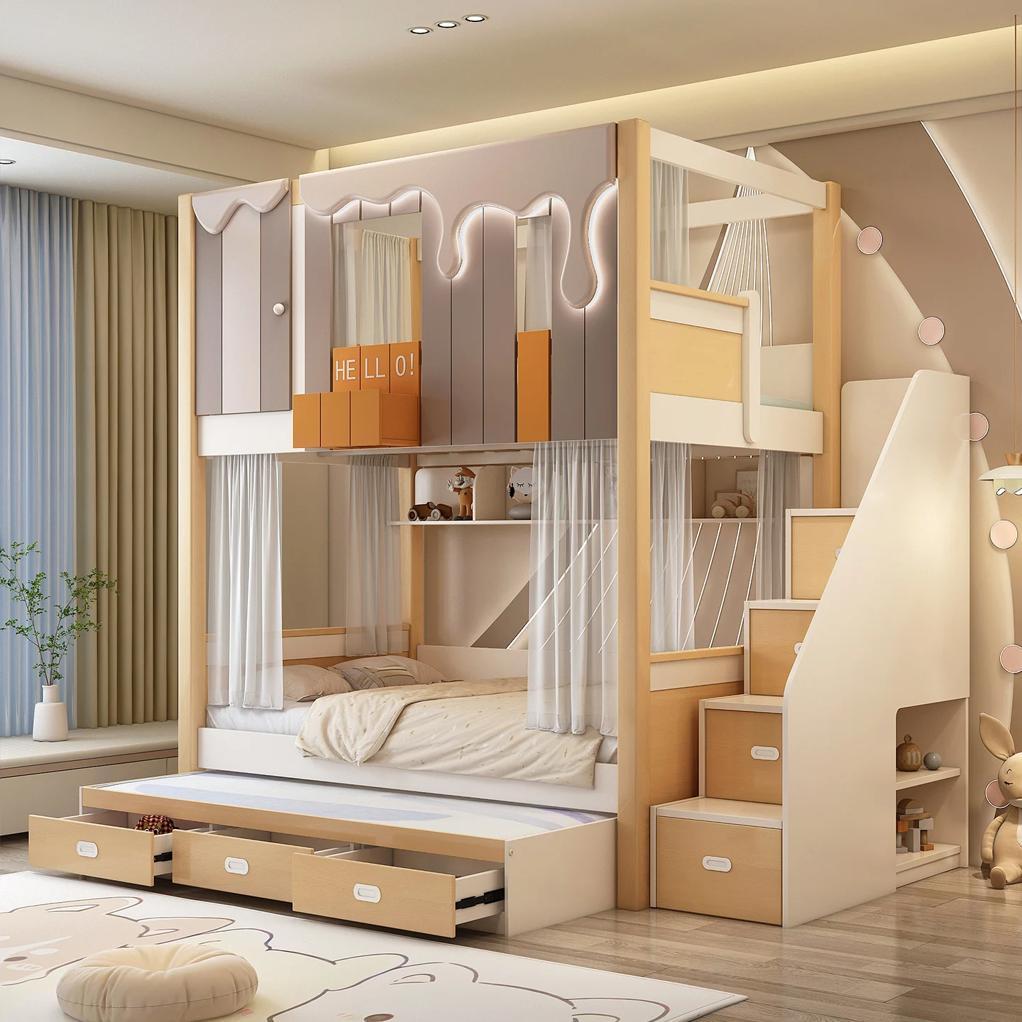 Children's upper and lower  Parallel and same width Bunk  Upper and lower bunk beds High and low Mother