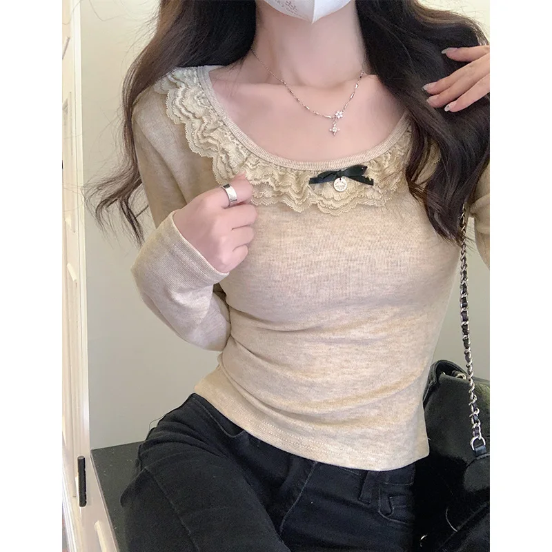 Korean Style Soft Sister Lace Stitching O-neck T Shirts Women Cute Bow Long Sleeve Sheathy T-shirt Ladies Autumn Winter Tops