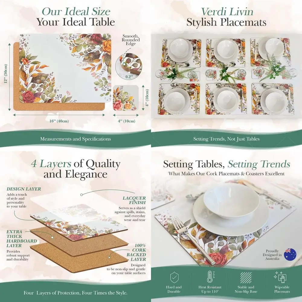 

Set of 6 Heat-Resistant Autumn-Themed Cork Placemats, 16 x 12, Wipe Clean, Backed
