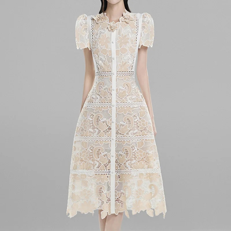 2024 White Lace Floral Long Dresses for Women Fashion Elegant Vintage Spring A-line Midi Dress High Quality Cheap Free Shipping