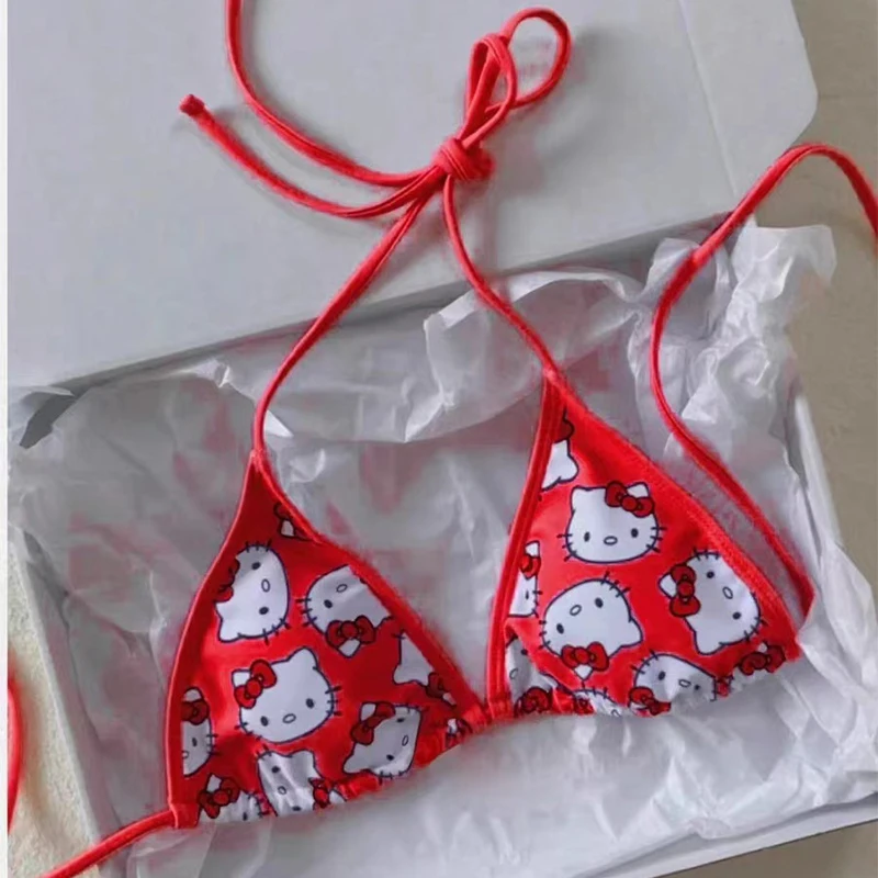 2Pcs Sanrio Hello Kitty Bikini Set Cute Cartoon Summer Beach Soft Side Strappy Panties Sexy Bikini Kawaii Swimsuit