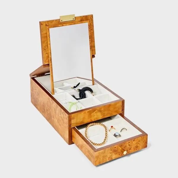 Зеркальный органайзер для ювелирных изделий из бурливуда с двумя ящиками, коричневый: ящик для хранения из МДФ с глубиной 11 дюймов, высота 3,85 дюйма