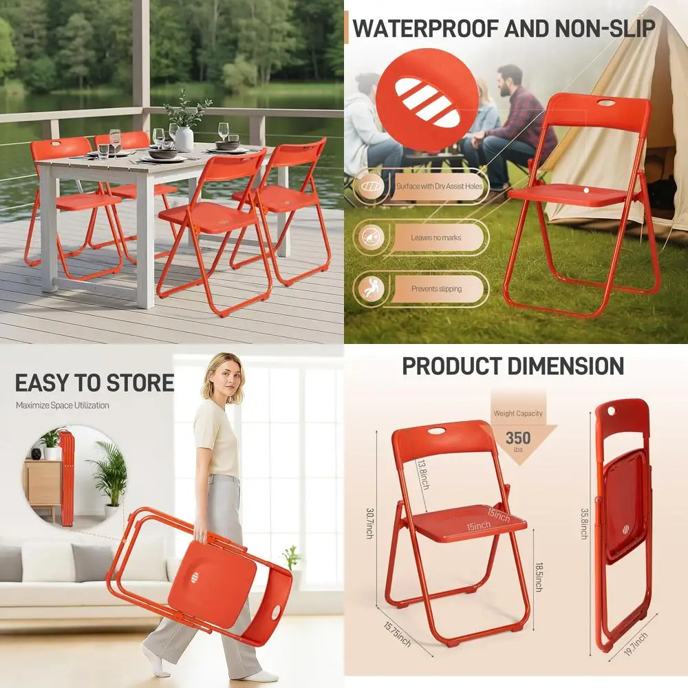 

Set of 4 Folding Chairs, 300lbs Capacity, Lightweight Plastic with Metal Frame, Ideal for Indoor and Outdoor Events, Orange
