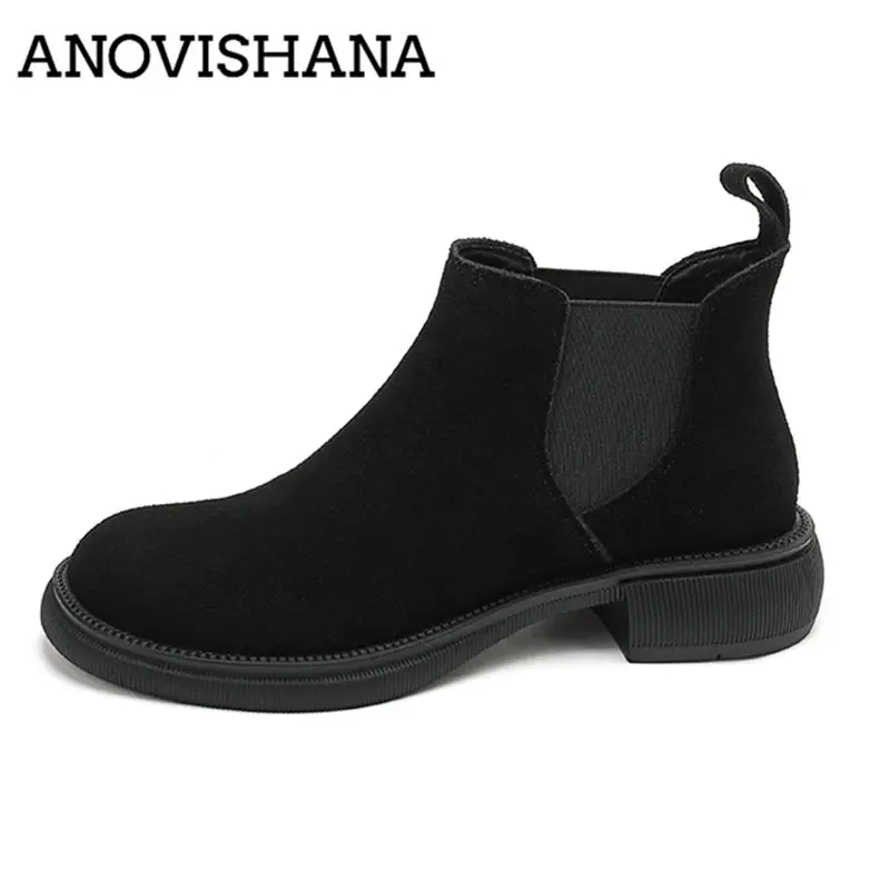ANOVISHANA Genuine Suede Leather Women Ankle Boots Round Toe 3.5cm Thick Heel Slip On Classic Short Bota Small Big Size 33 42 43