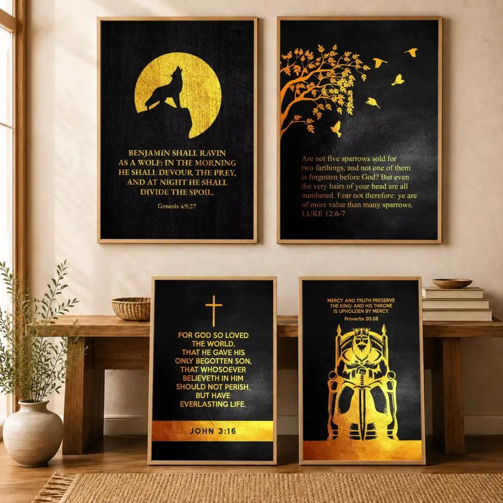 Vintage Golden Style Bible Verses Psalm Poster Wall Stickers Self Adhesive Painting HD Art Decals for Bedroom Room Home Decor