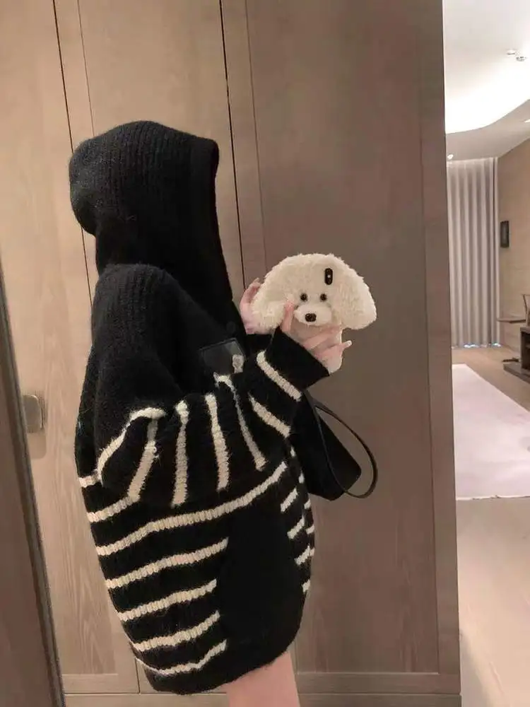 Faionable مخطط الكلب هوديي سترة المرأة شيك الخريف وصول جديد دافئ طويل Sve معطف أمامي مفتوح Sli تخفيف Sle #5