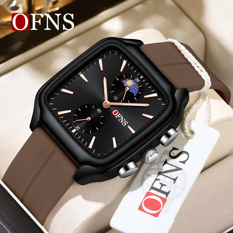 

OFNS 7504Advanced Moon Phase Square Watch Men's and Women's 4-pin Quartz Movement Dual Timing Night Light 5ATM Waterproof Gift