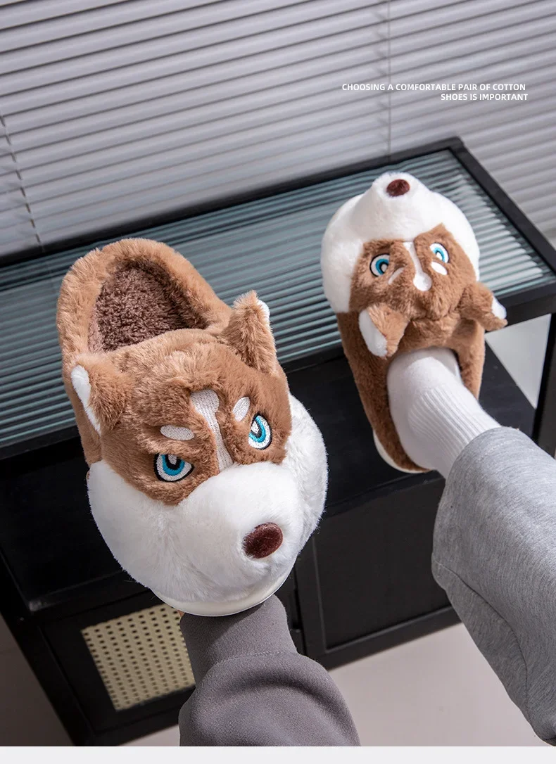 ZUOFU Niedliche Husky-Hund-Plüsch-Hausschuhe Herbst Winter Weiche Flauschige Rutschfeste Komfort-Hausschuhe EU 36-51 – Detail 10
