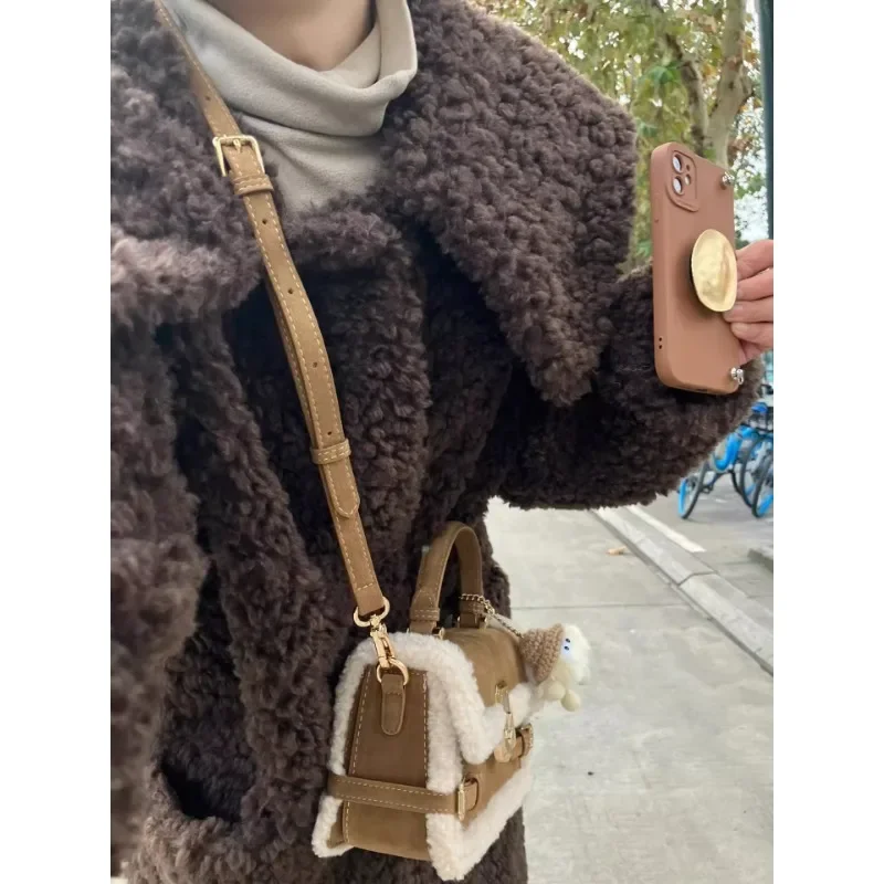 Lamb wool ladies autumn and winter atmosphere plush small square bag new high-grade patchwork hand crossbody bag
