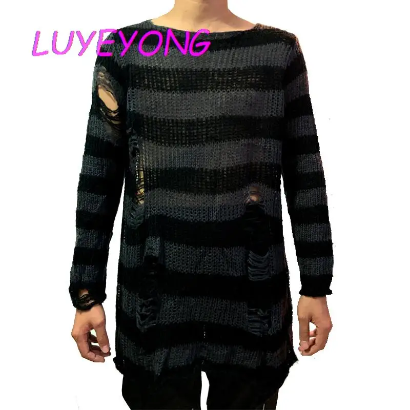 2024 Spring Man Pullovers Gothic Sweaters Punk O Neck Striped Long Sweater Unisex Hollow Out Long Sleeve Knitted Top Jumpers