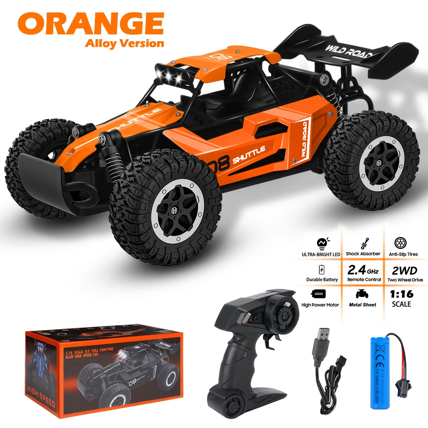 New RC Car 1:16 2WD with LED Light 2.4G 20KM/H High Speed Off-Road Climbing Remote Control Car Toy Gifts for Boys Girls Kids