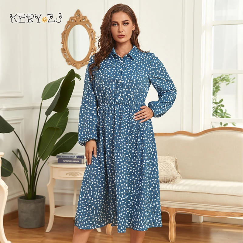 KEBY ZJ Women's Plus Size Dresses Floral Half Button Shirt Dress Spring Fall Casual Lantern Sleeve Elastic A-line Long Dress