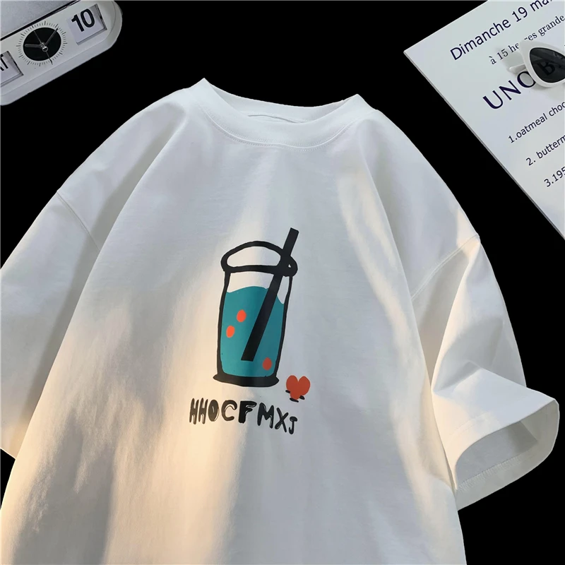 

Модная футболка с коротким рукавом, повседневный принт, молодежный стиль, топ для пар, трендовая уличная одежда, свободный крой, круглый вырез