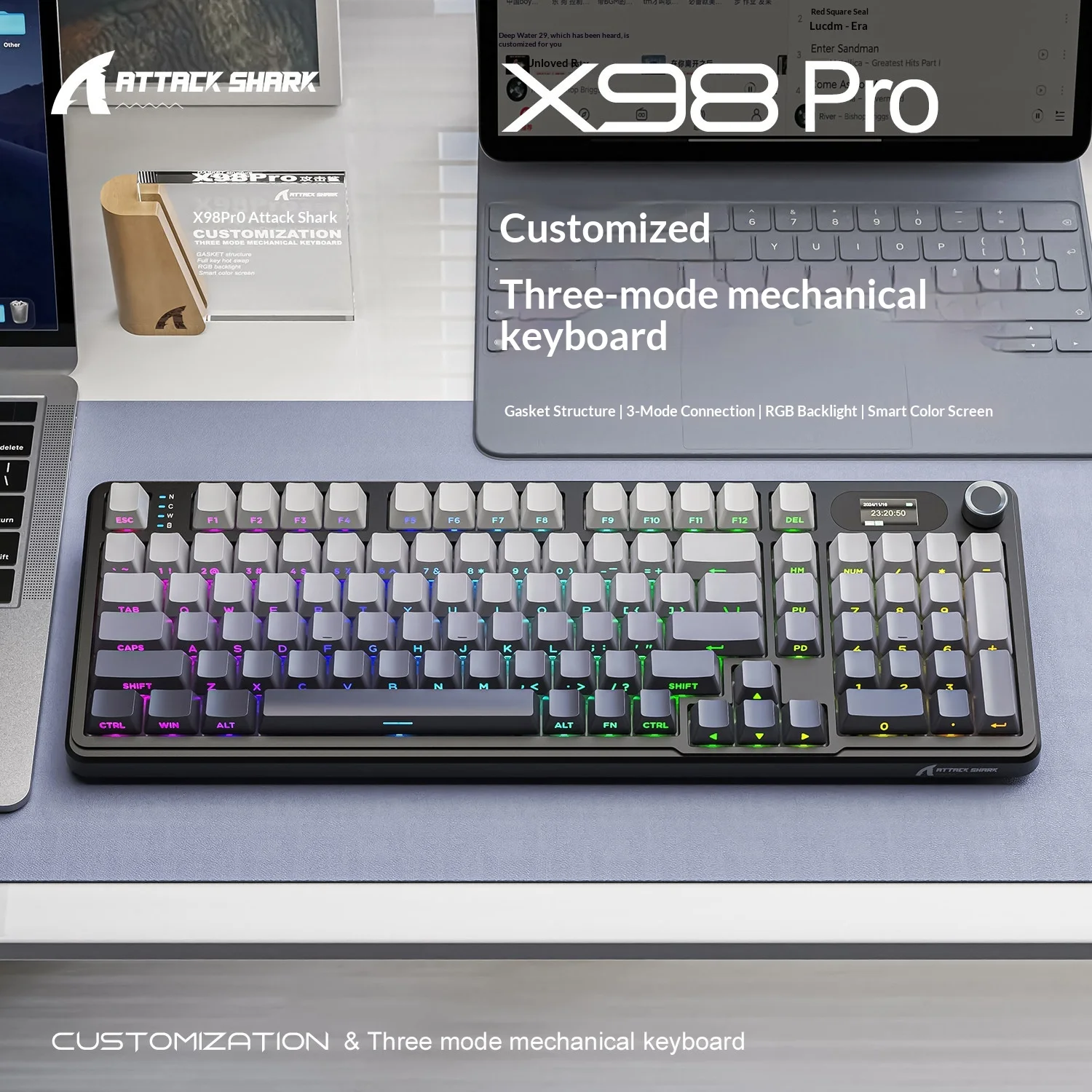 Attack Shark X98Pro Mechanical Keyboard 3-Mode Bluetooth Wireless RGB With TFT Smart Color Screen CNC Knobs Keyboard for Win/Mac