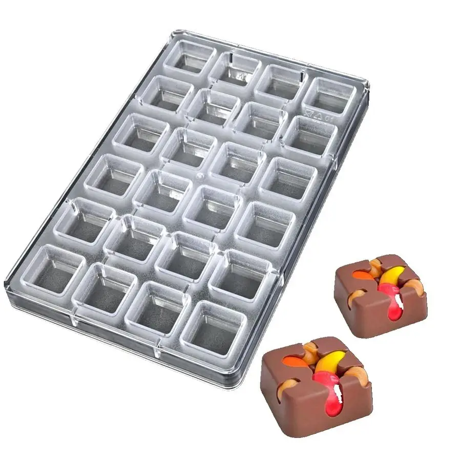 

Формы для шоколада из поликарбоната, 24 квадратных ячейки, пищевой пластик, многоразовые формы для выпечки, для конфет и украшения тортов