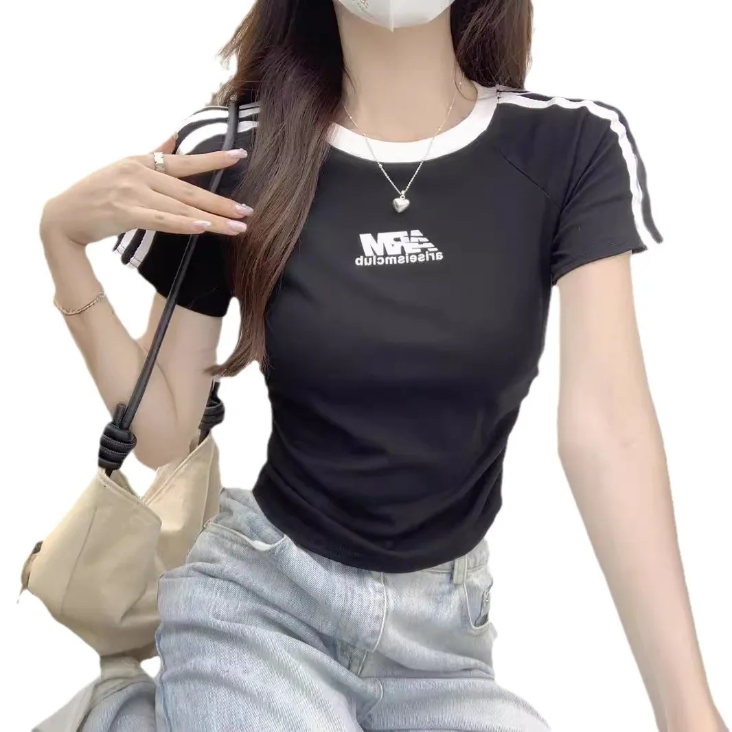 الأمريكية الرجعية المحملة القضبان لصق ort Sve تي شيرت المرأة الصيف الساخن فتاة الخصر النحيف مطوي ort الأعلى #5