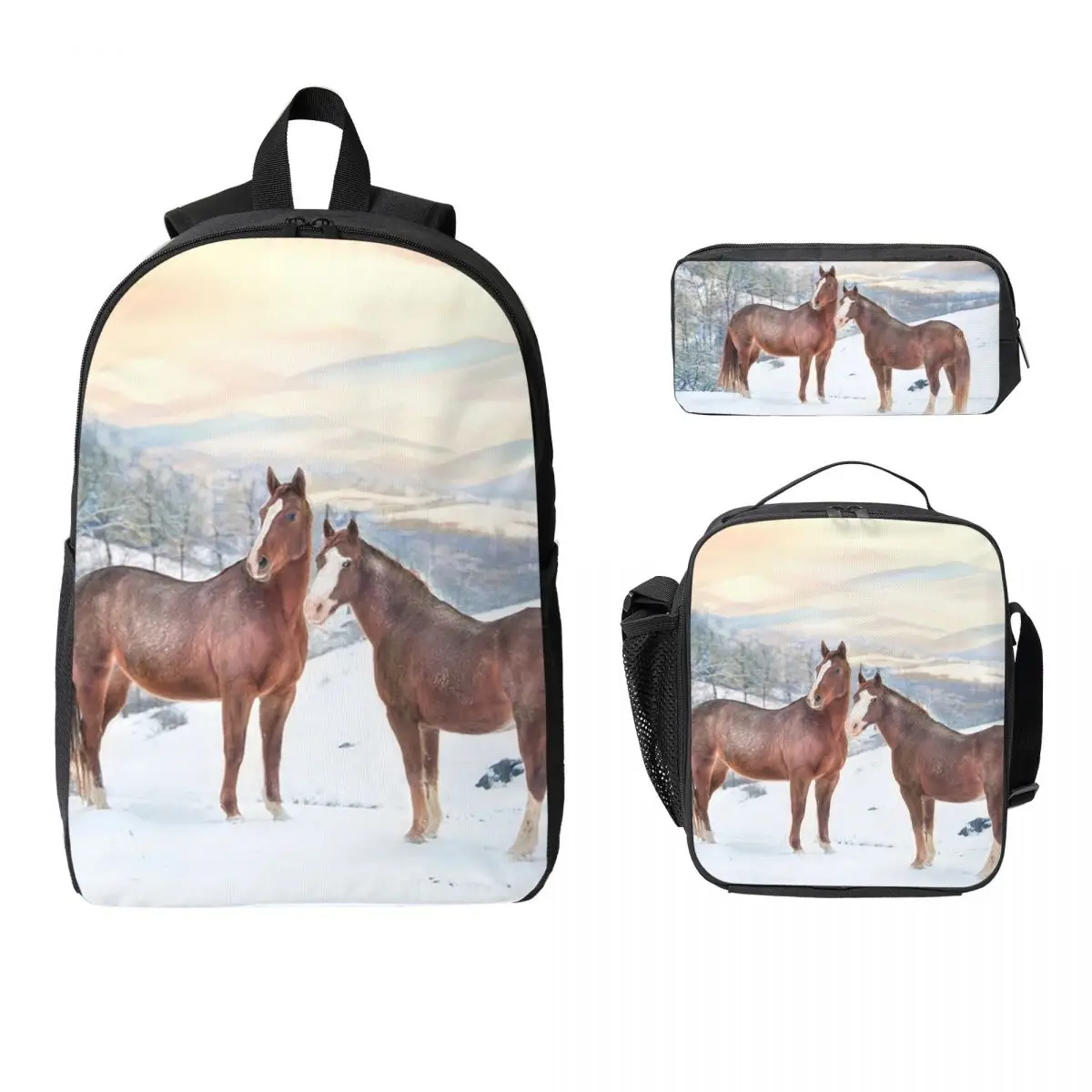 

Horses With Snow And Sunset Hills Backpack BookBag School Bag Computer Shoulder Bags 3ps Insulated Lunch Bag Pencil Case