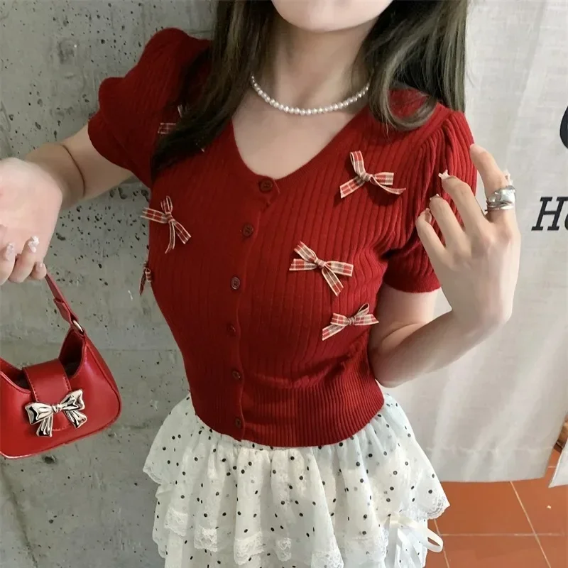 

Short-sleeved Shirt Women Design Knitted Bow Sweet Lovely Students All-match Leisure Summer Slim Fit Tops Classic Prevalent Ins