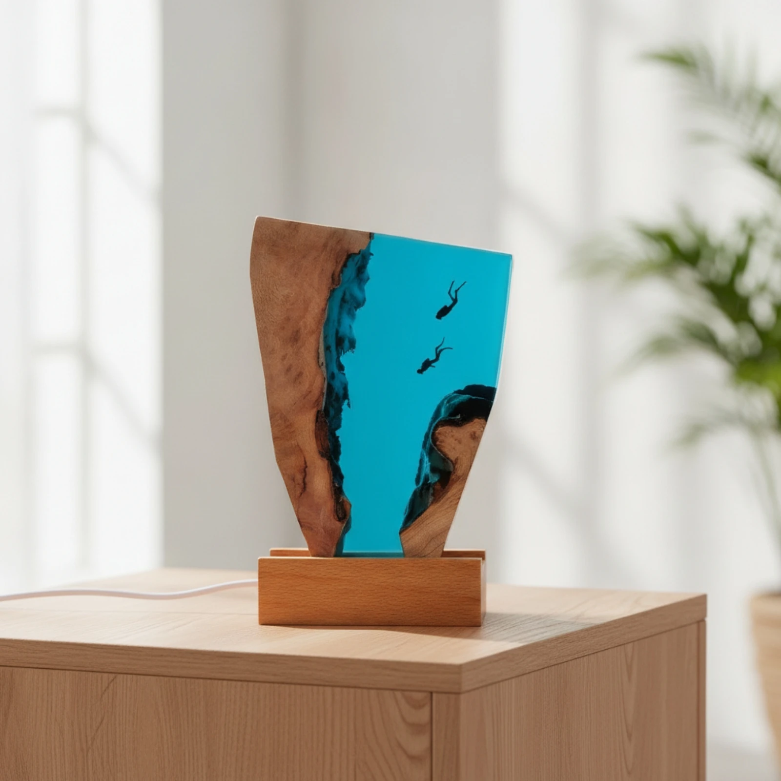 Epoxy Night Light with Wood Base Sculptural Epoxy Resin Night Light Resin Wood Lamp Aquatic Natural for Divers, Nightstand, Desk - view 5